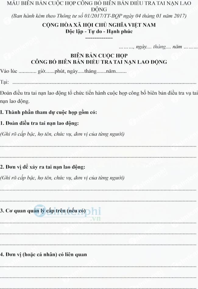 Mẫu biên bản cuộc họp công bố biên bản điều tra tai nạn lao động