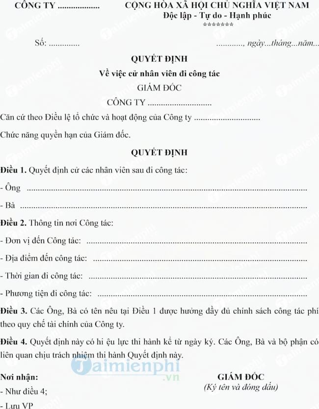 Mẫu quyết định về việc cử nhân viên đi công tác