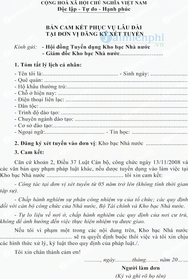 Bản cam kết phục vụ lâu dài tại đơn vị đăng ký xét tuyển