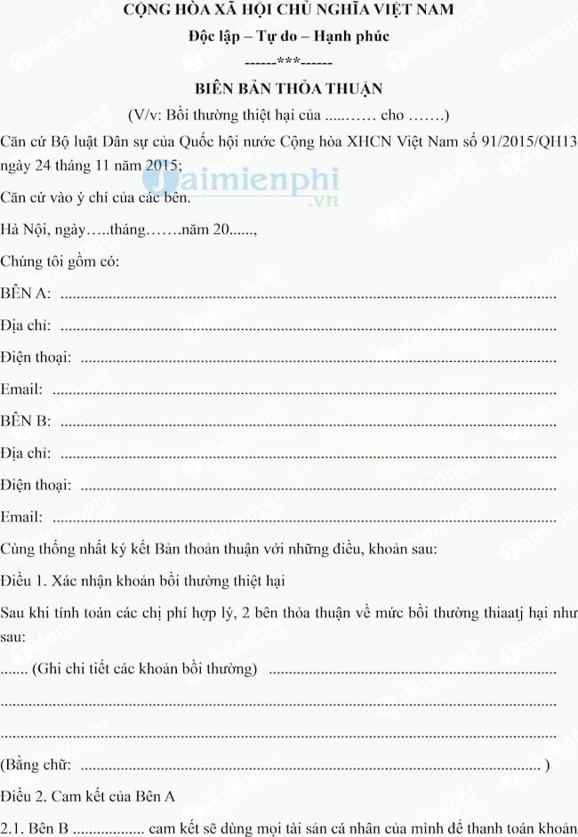 Mẫu biên bản thỏa thuận bồi thường thiệt hại