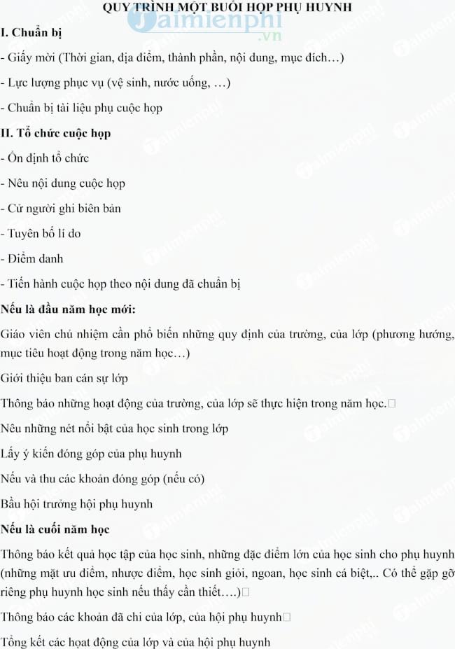 Quy trình một buổi họp phụ huynh