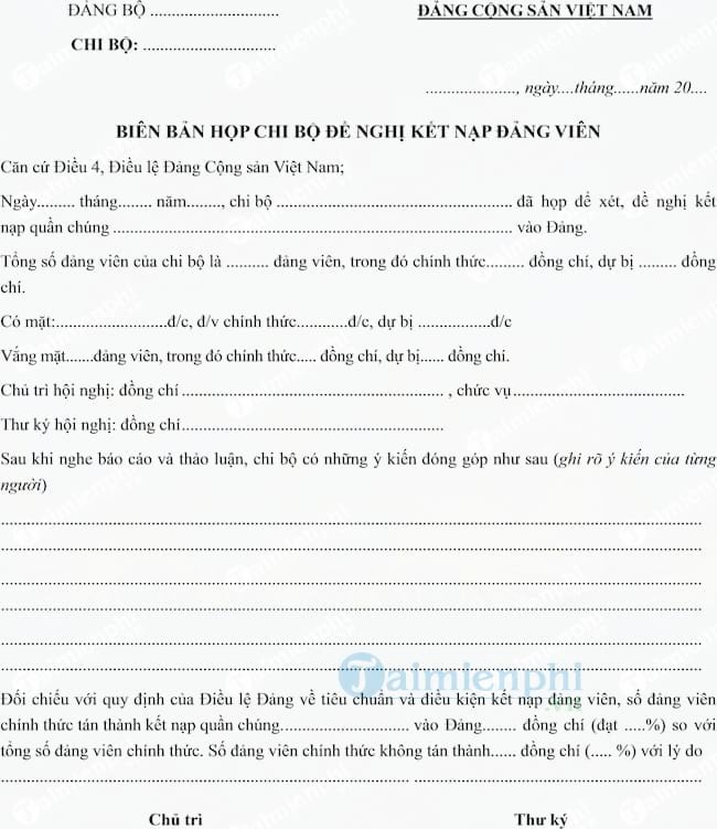 Biên bản họp chi bộ đề nghị kết nạp Đảng viên