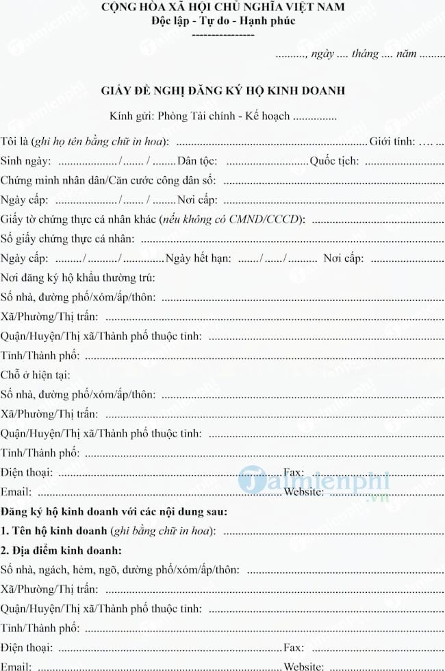 Mẫu giấy đề nghị đăng ký kinh doanh hộ kinh doanh