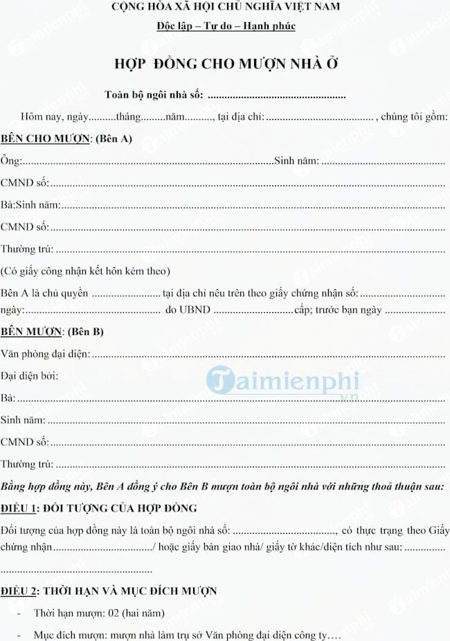 Mẫu hợp đồng mượn nhà làm văn phòng