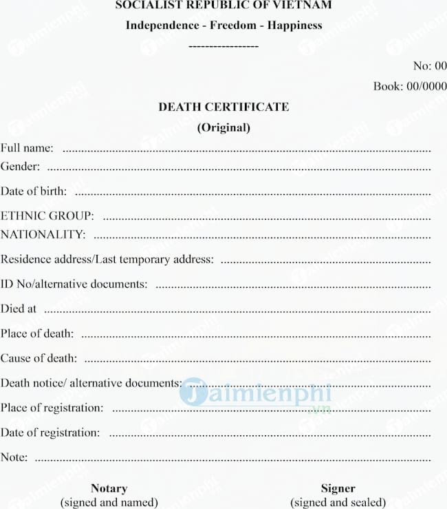 Mẫu giấy báo tử bằng Tiếng Anh