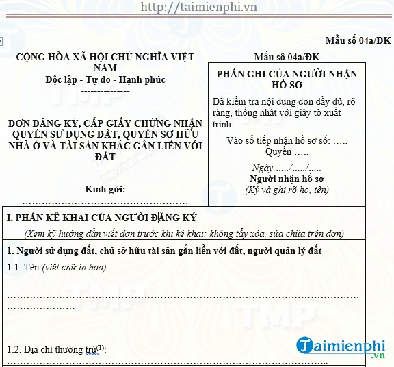 Mẫu đơn đăng ký quyền sử dụng đất