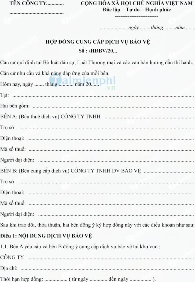 Mẫu hợp đồng dịch vụ bảo vệ