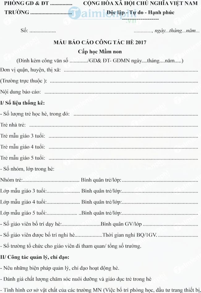 Mẫu báo cáo công tác hè 2017