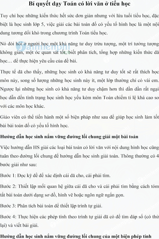 Bí quyết dạy Toán có lời văn ở tiểu học