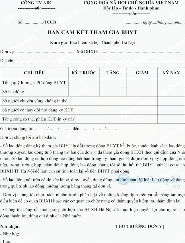 Bản cam kết tham gia Bảo hiểm y tế