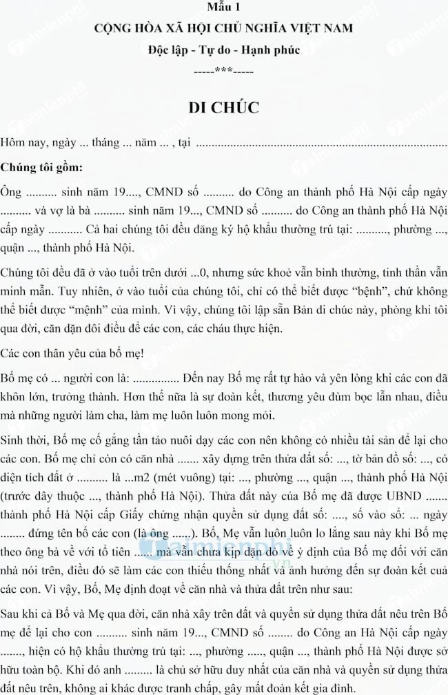 Mẫu văn bản di chúc