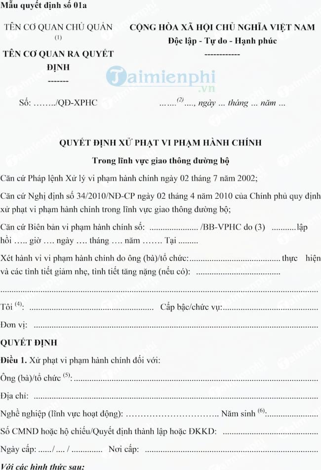 Quyết định xử phạt vi phạm hành chính trong lĩnh vực giao thông đường bộ