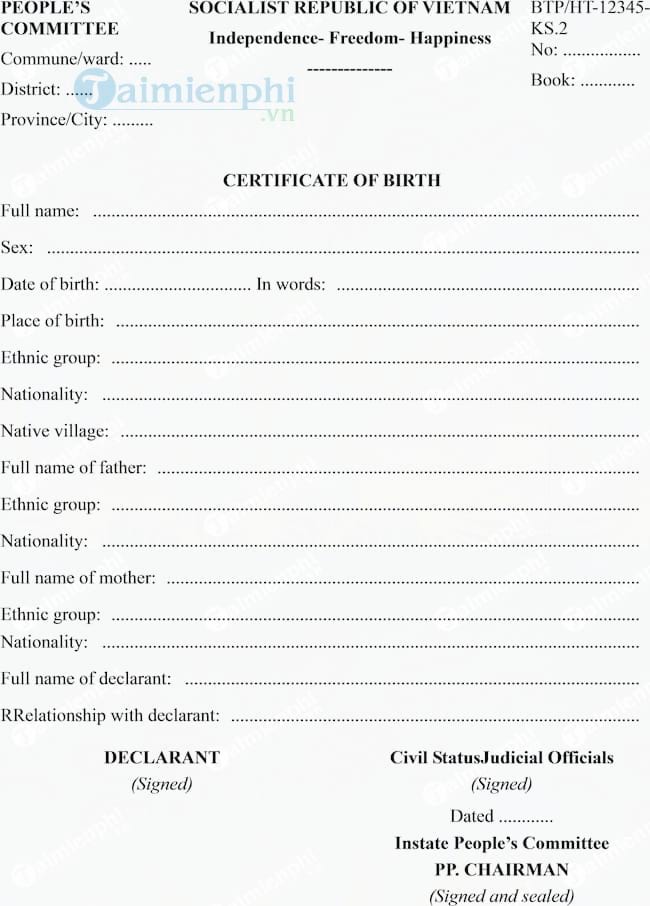 Mẫu giấy khai sinh bằng Tiếng Anh