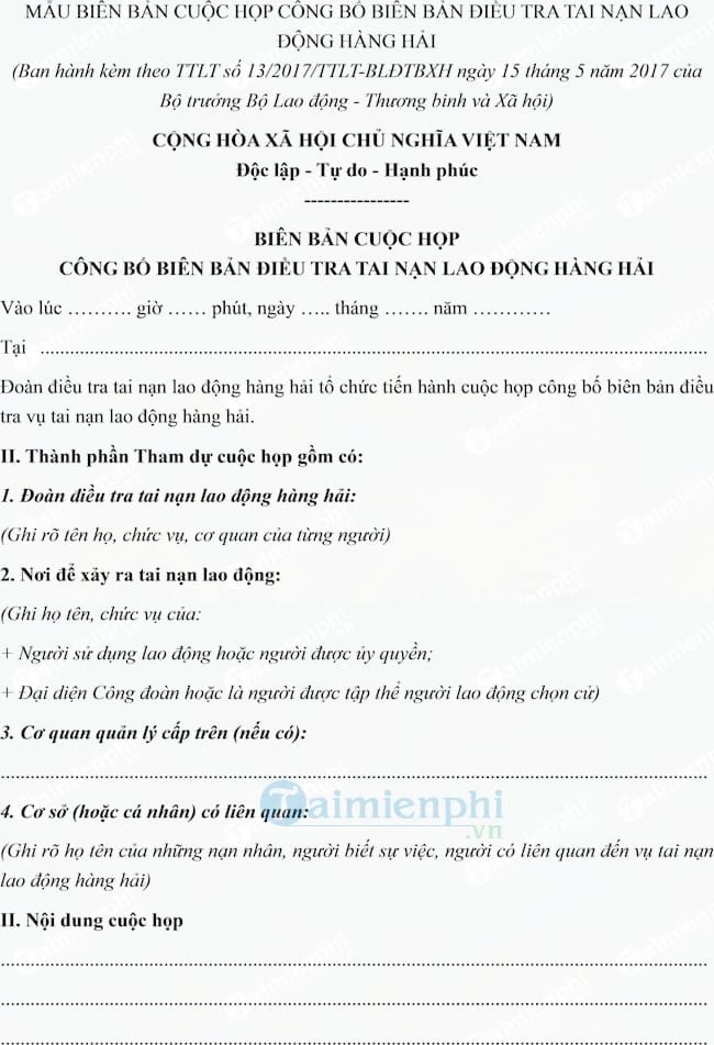 Mẫu biên bản cuộc họp công bố biên bản điều tra tai nạn lao động hàng hải