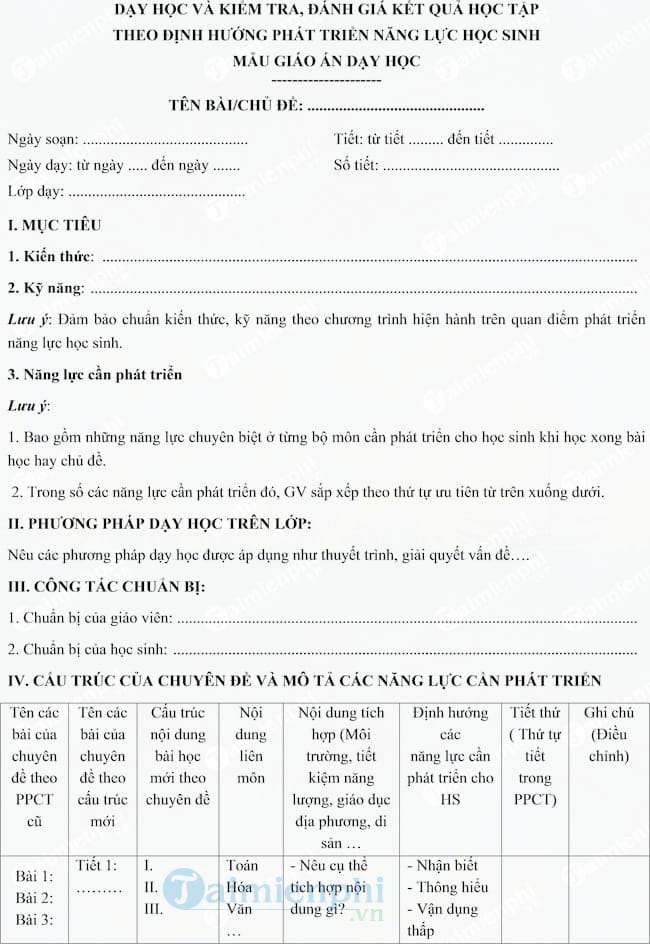 Mẫu giáo án dạy học