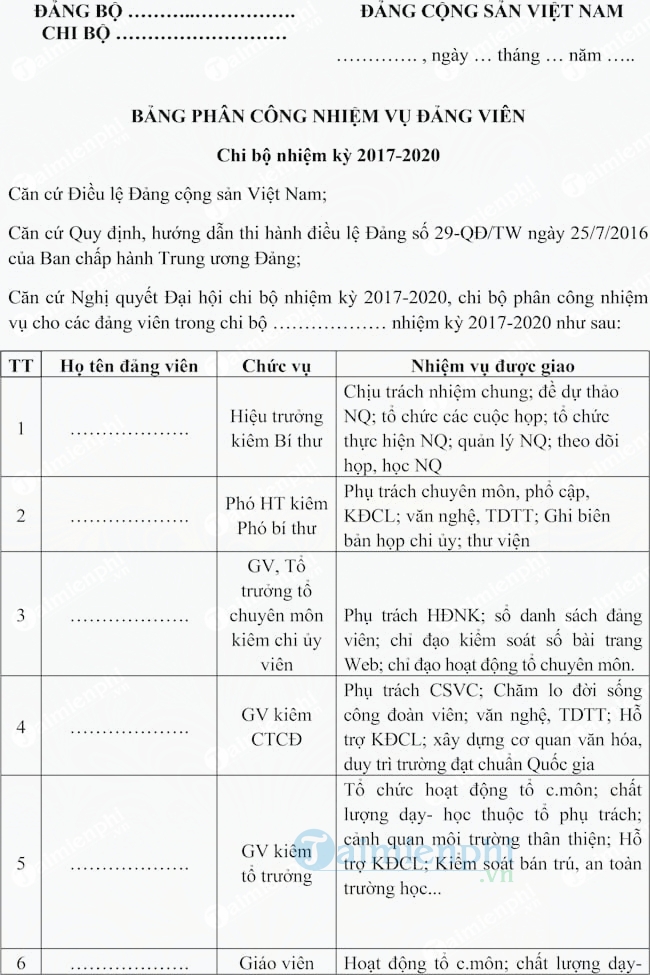 Mẫu quy chế làm việc và phân công nhiệm vụ đảng viên nhiệm kỳ 2017-2020