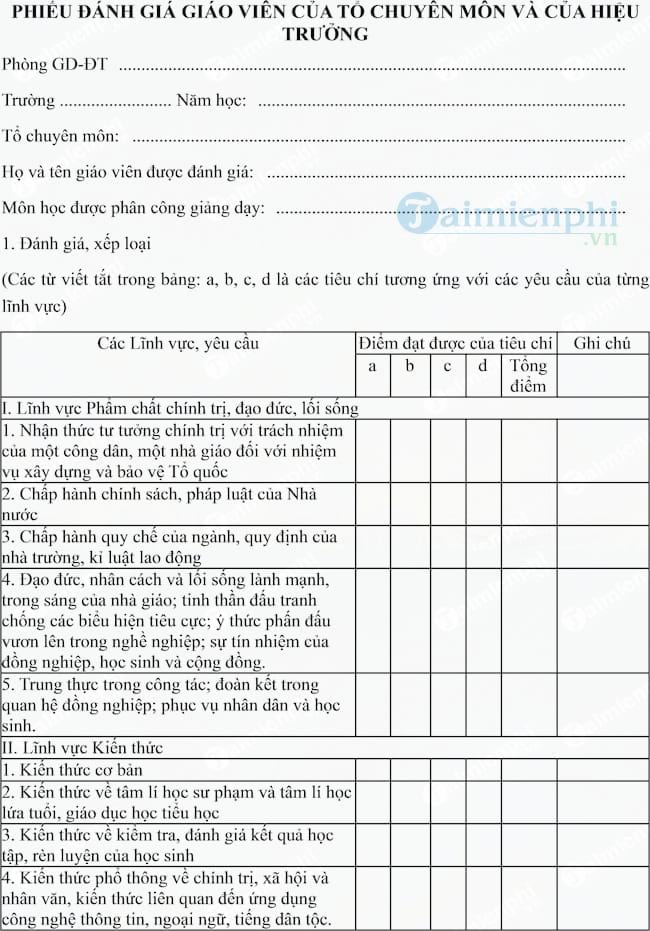 Mẫu phiếu đánh giá giáo viên của tổ chuyên môn và Hiệu trưởng