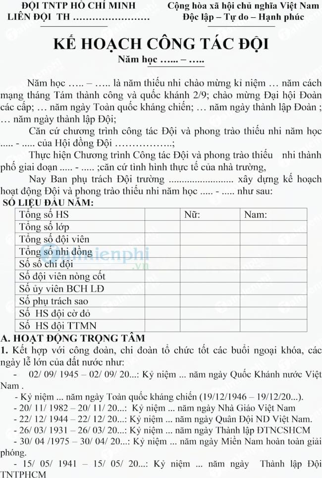 Mẫu kế hoạch công tác Đội năm học 2017-2018