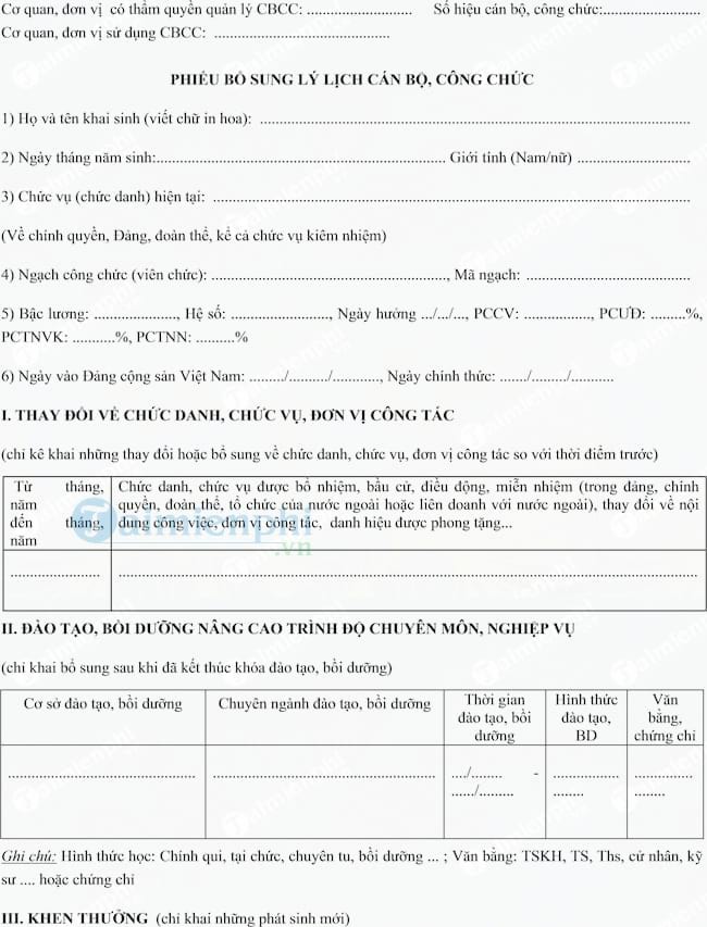 Mẫu phiếu bổ sung lý lịch cán bộ, công chức