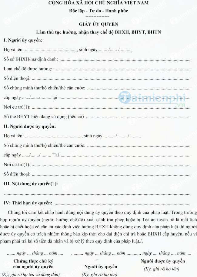 Mẫu giấy ủy quyền làm thủ tục hưởng, nhận thay chế độ BHXH, BHYT, BHTN