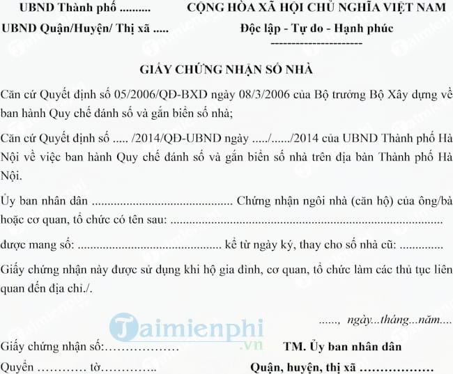 Mẫu giấy chứng nhận số nhà