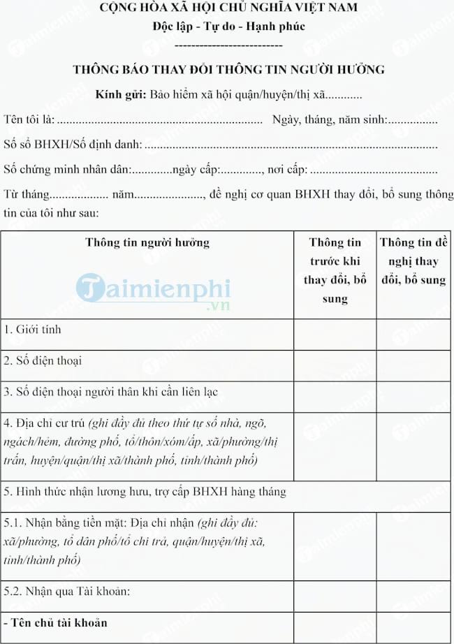Mẫu thông báo thay đổi thông tin người hưởng