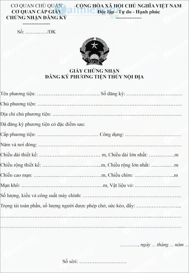 Mẫu giấy chứng nhận đăng ký phương tiện thủy nội địa