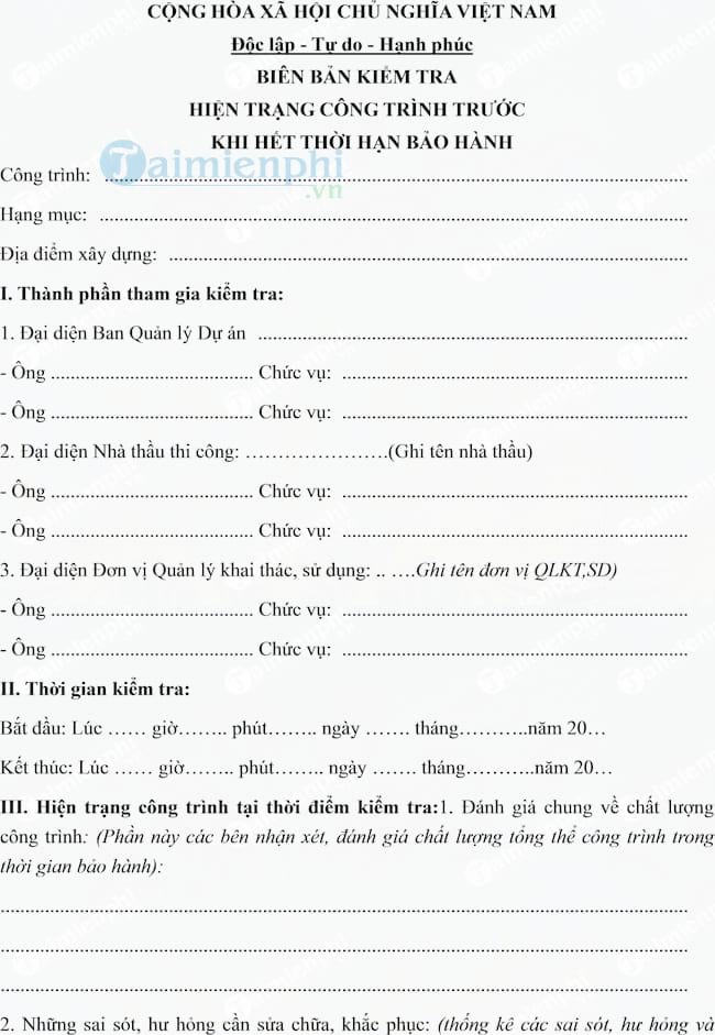 Mẫu biên bản kiểm tra hiện trạng công trình trước khi hết thời hạn bảo hành
