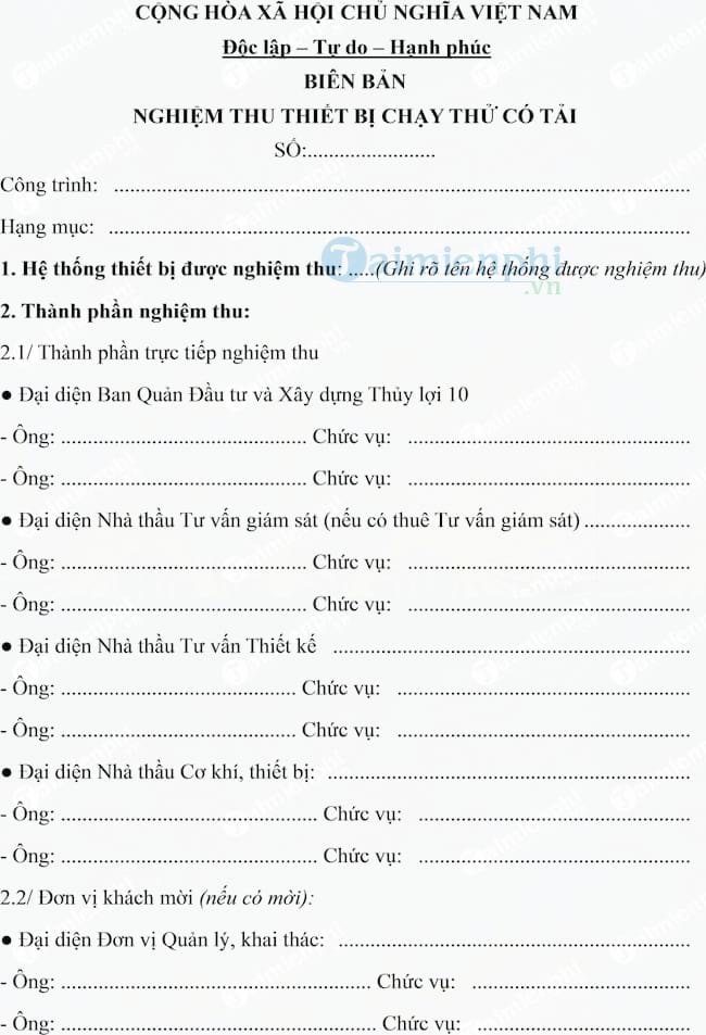 Mẫu biên bản nghiệm thu thiết bị chạy thử có tải