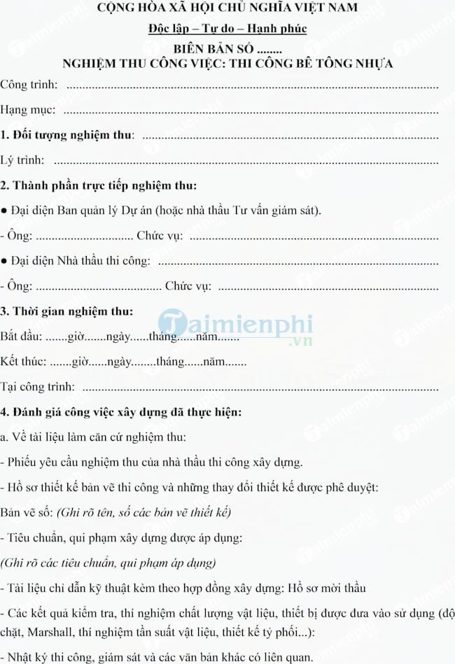 Mẫu biên bản nghiệm thu công việc thi công bê tông nhựa