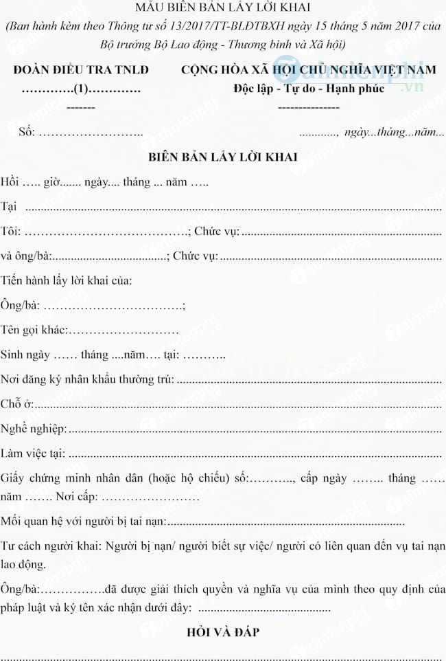 Mẫu biên bản lấy lời khai