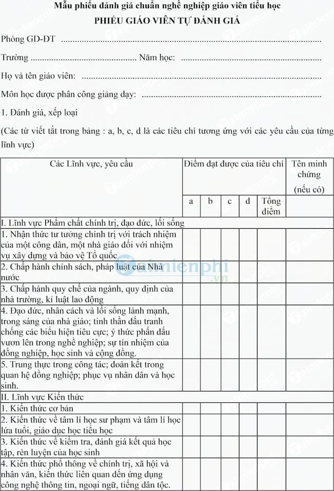 Mẫu phiếu đánh giá chuẩn nghề nghiệp giáo viên tiểu học