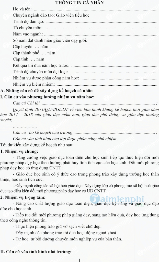 Mẫu kế hoạch cá nhân của giáo viên Tiểu học năm học 2017-2018