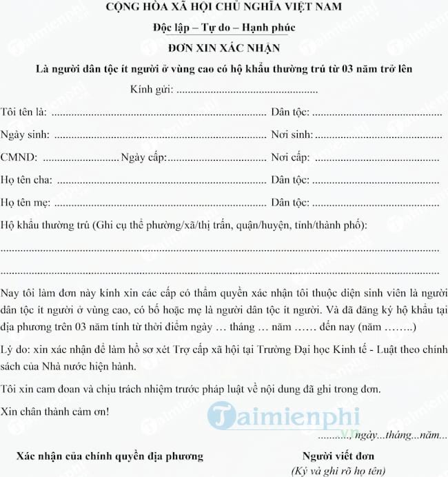 Mẫu đơn xin xác nhận là người dân tộc ít người ở vùng cao