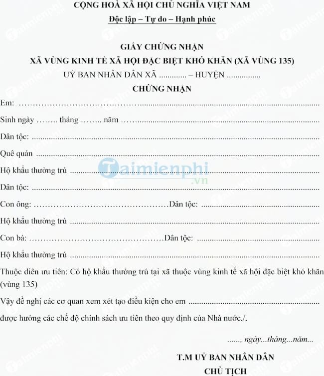 Mẫu giấy chứng nhận thuộc vùng 135