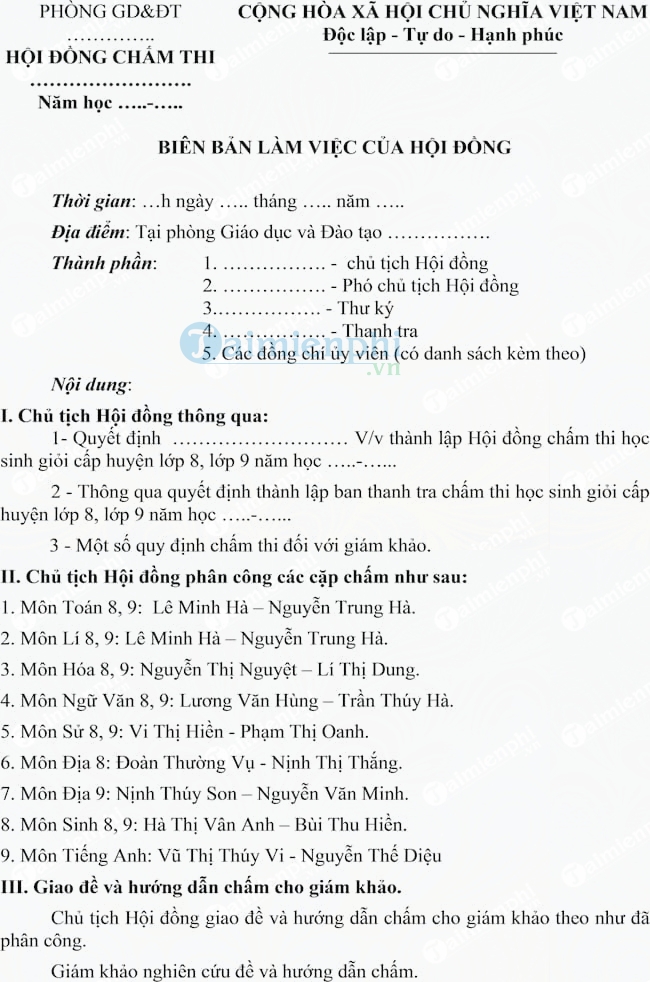 Biên bản làm việc của hội đồng chấm thi Học sinh giỏi