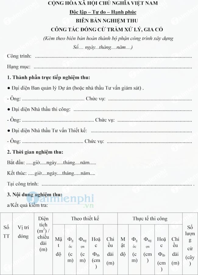 Mẫu biên bản nghiệm thu công tác đóng cừ tràm xử lý, gia cố