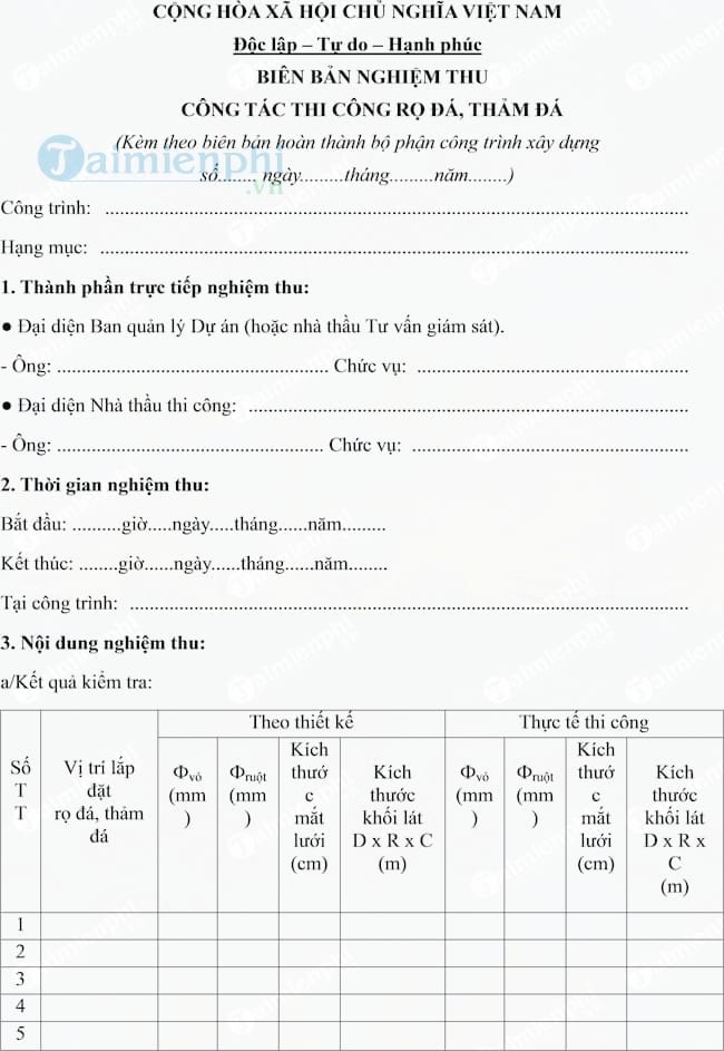 Mẫu biên bản nghiệm thu công tác thi công rọ đá, thảm đá