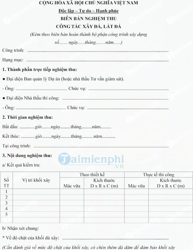 Mẫu biên bản nghiệm thu công tác xây đá, lát đá