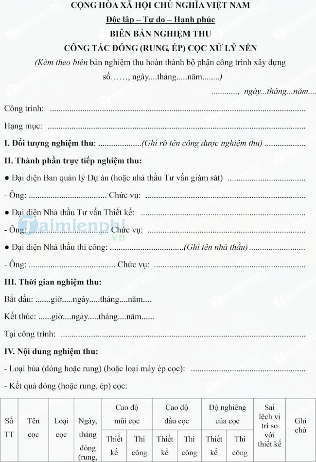 Mẫu biên bản nghiệm thu công tác đóng cọc xử lý nền