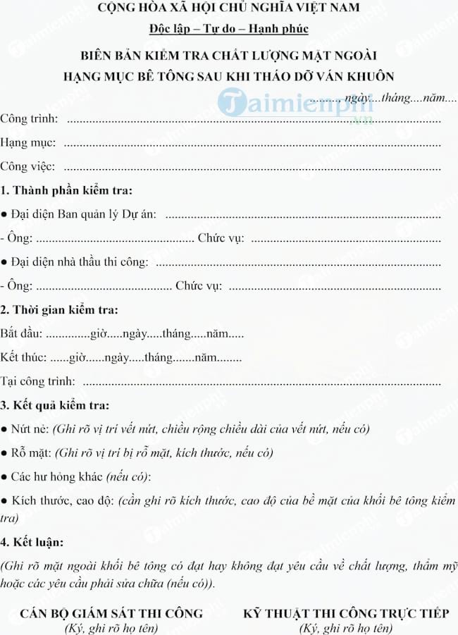 Mẫu biên bản kiểm tra chất lượng hạng mục bê tông