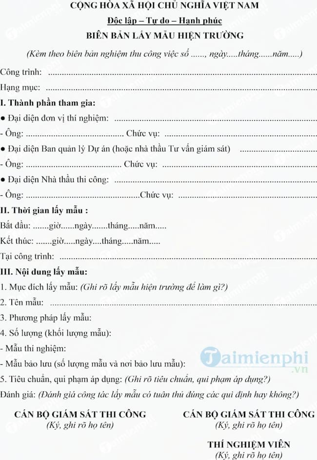 Mẫu biên bản lấy mẫu hiện trường