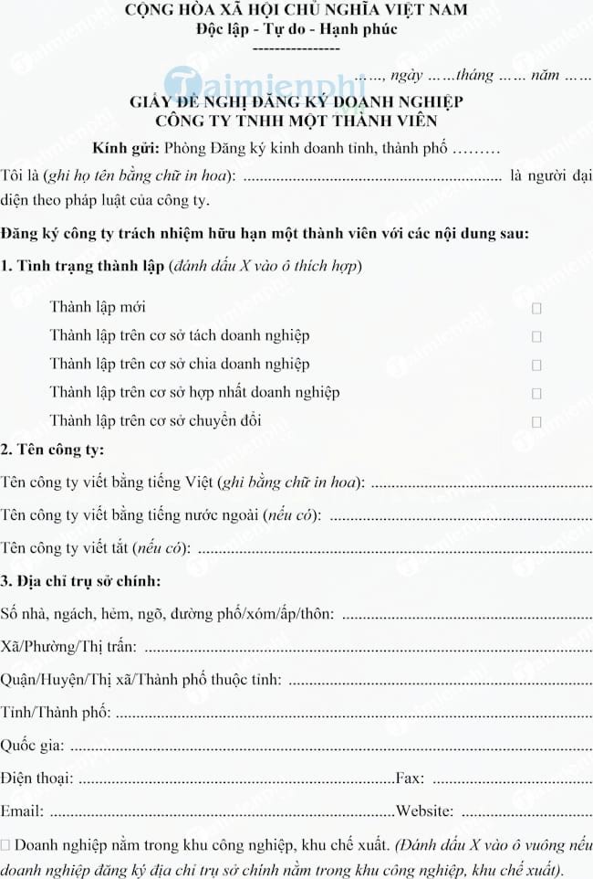 Mẫu giấy đề nghị thành lập công ty TNHH một thành viên