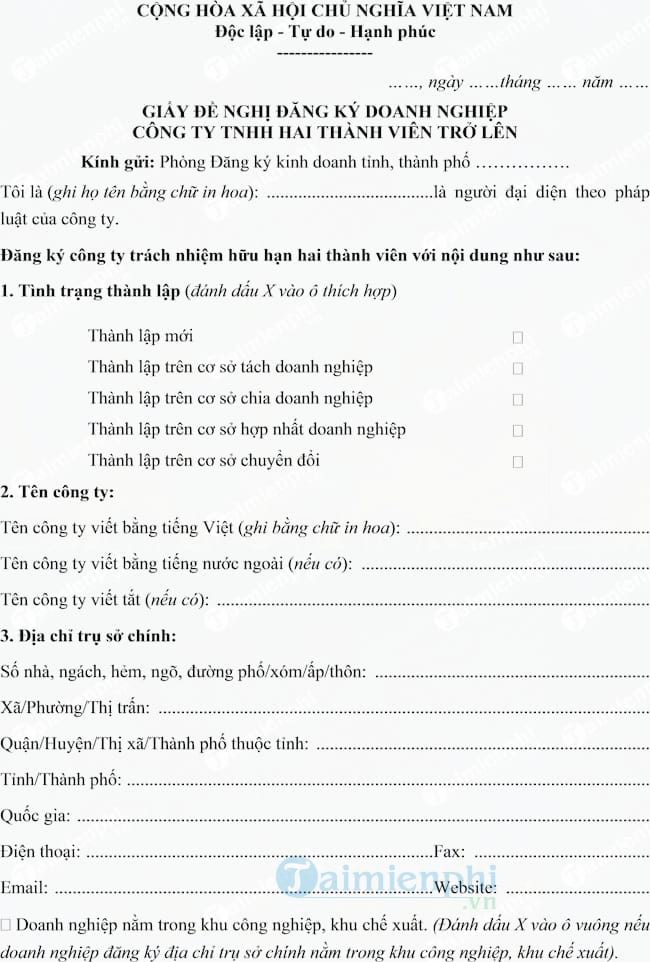 Mẫu giấy đề nghị thành lập công ty TNHH hai thành viên trở lên
