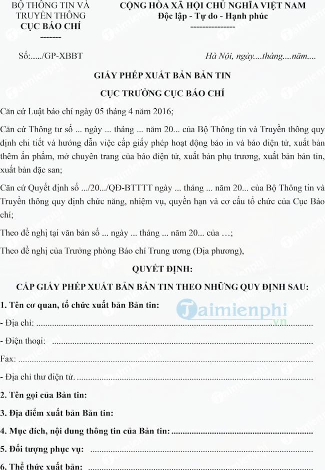 Mẫu giấy phép xuất bản bản tin