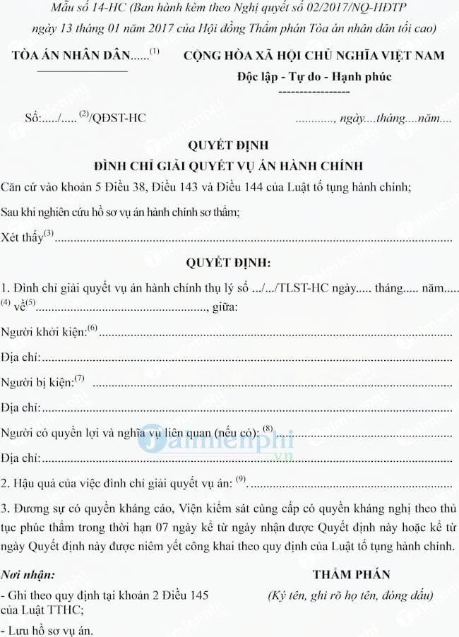 Mẫu quyết định đình chỉ giải quyết vụ án hành chính