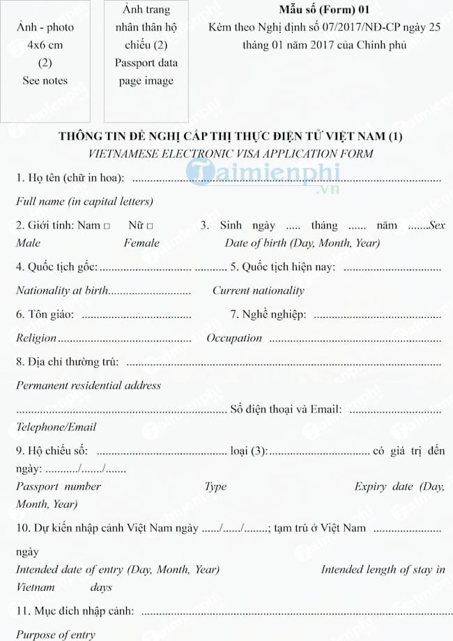 Mẫu tờ khai thông tin đề nghị cấp thị thực điện tử Việt Nam