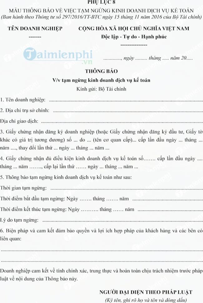 Mẫu thông báo tạm ngừng kinh doanh dịch vụ kế toán