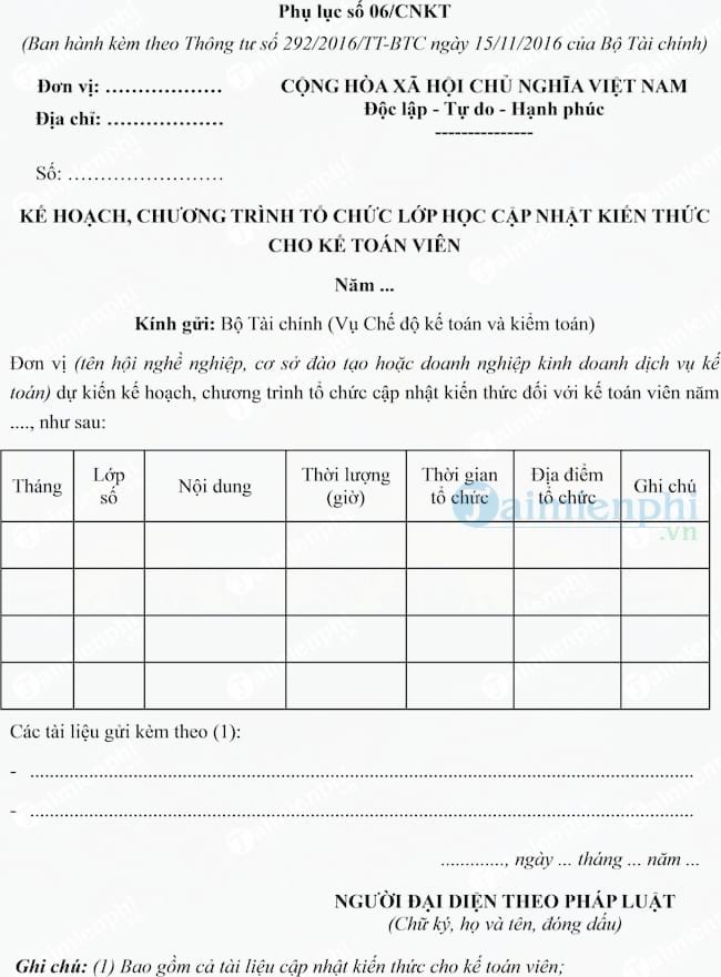 Mẫu kế hoạch chương trình tổ chức lớp học cập nhật kiến thức cho kế toán viên