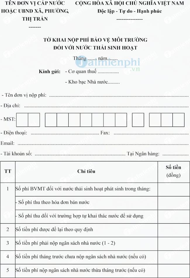 Mẫu tờ khai nộp phí bảo vệ môi trường đối với nước thải sinh hoạt